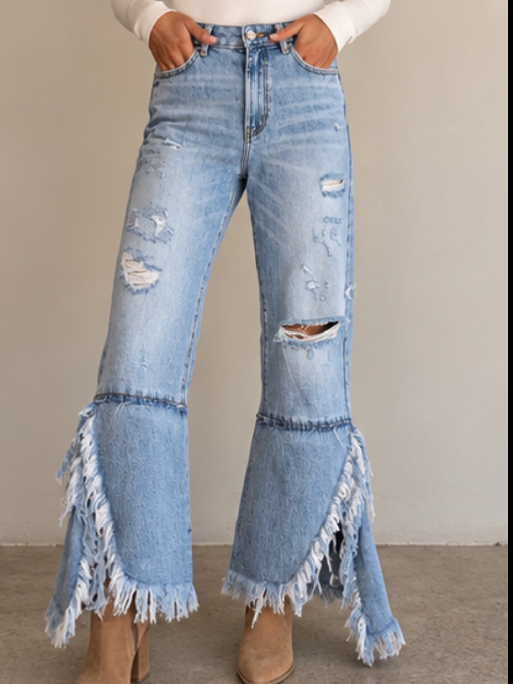 ZARA Trafaluc Denimwear IXD Makers Distressed Flared Jeans with Fringe Hem